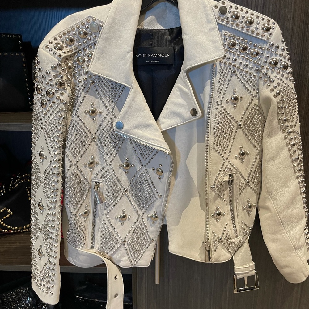 Nour Hammour white studded leather jacket 3/4 sleeve. Stunning collectors piece